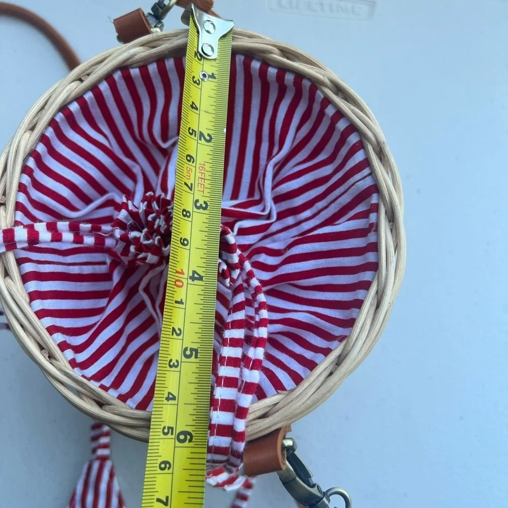Anthropologie Woven Basket Mini Bag NWOT Rattan, Cotton lining Red/White cross - Picture 11 of 16